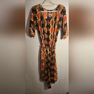 Geometric Print Belted Women's Dress in Mustard and Black